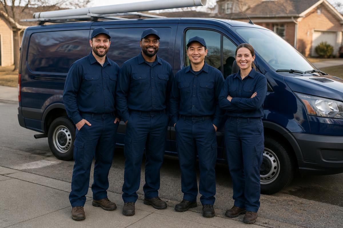 North Peak Heating and Air technicians standing in front of their service van